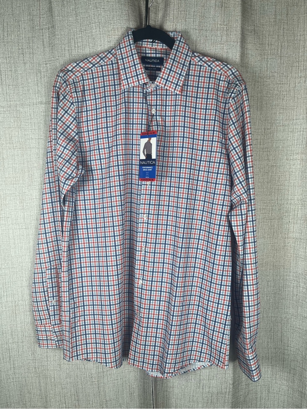NAUTICA Men's Slim Fit Performance Dress Shirt Medium Plaid Stretch NWT
